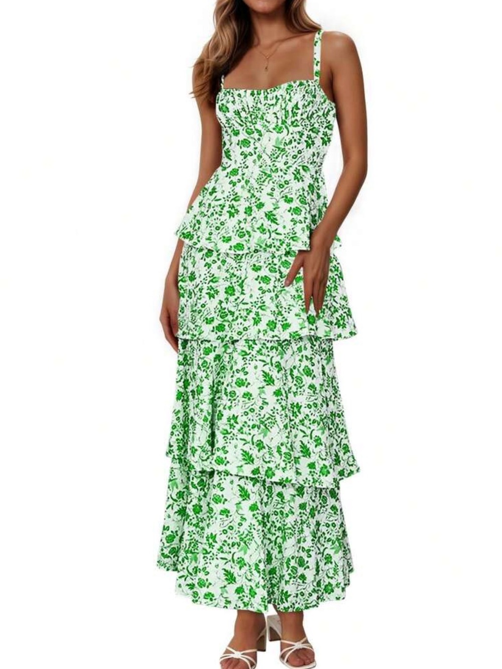 Green Floral Tiered Maxi Dress with Spaghetti Straps - Picture 3 of 5